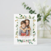 Waterverf Gold Foil Greenery en Holly Photo Feestdagenkaart (Staand voorkant)