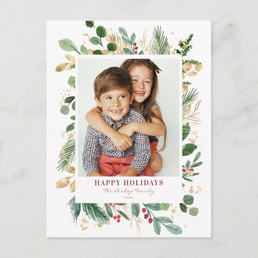 Waterverf Gold Foil Greenery en Holly Photo Feestdagenkaart (Voorkant)