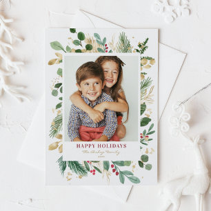 Waterverf Gold Foil Greenery en Holly Photo Feestdagenkaart