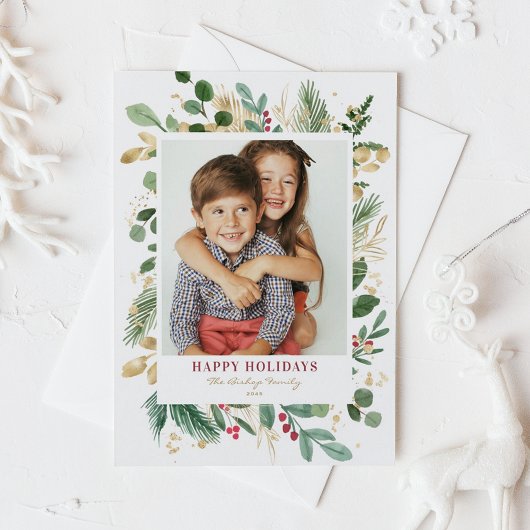 Waterverf Gold Foil Greenery en Holly Photo Feestdagenkaart