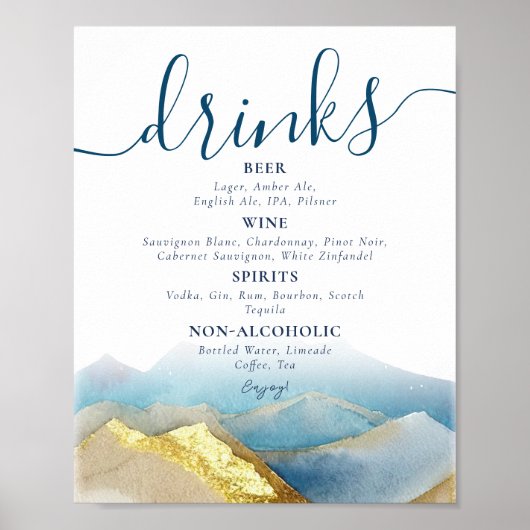 Waterverf Gold Foil Mountains Wedding Drink Menu Poster (Voorkant)