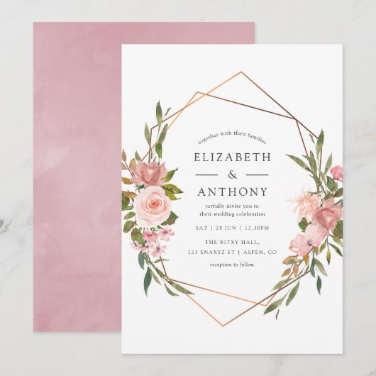 Waterverf Gold Geometric Blush Roses Weddenschap Kaart (Voorkant / Achterkant)