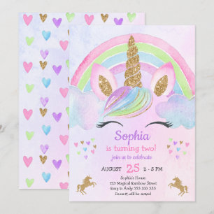 Waterverf Gold Glitter Cute Unicorn Girl Birthday Kaart