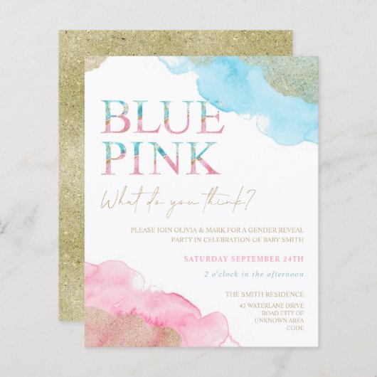 Waterverf Gold Glitter Gender Reopenbaart uitnodig (Voorkant / Achterkant)