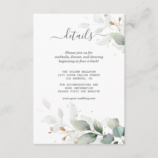 Waterverf Gold Greenery Wedding Details Informatiekaartje (Voorkant)