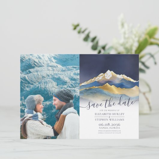 Waterverf Gold Mountain buitenshuis Weddenfoto Save The Date (Staand voorkant)
