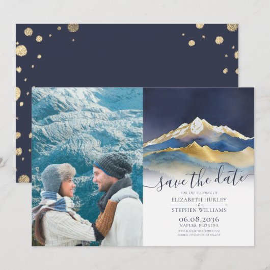 Waterverf Gold Mountain buitenshuis Weddenfoto Save The Date (Voorkant / Achterkant)