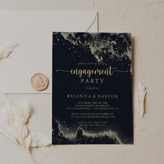 Waterverf Gold Splash Engagement Party Kaart