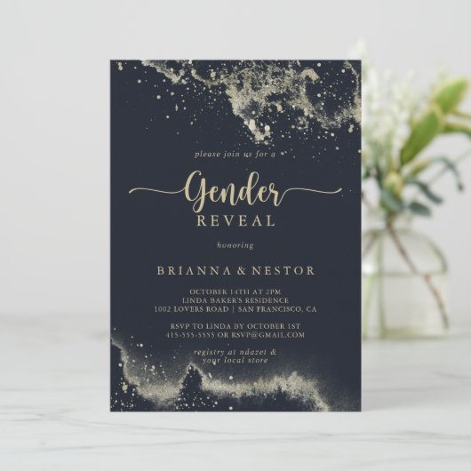 Waterverf Gold Splash Gender Reveal Party Kaart (Staand voorkant)