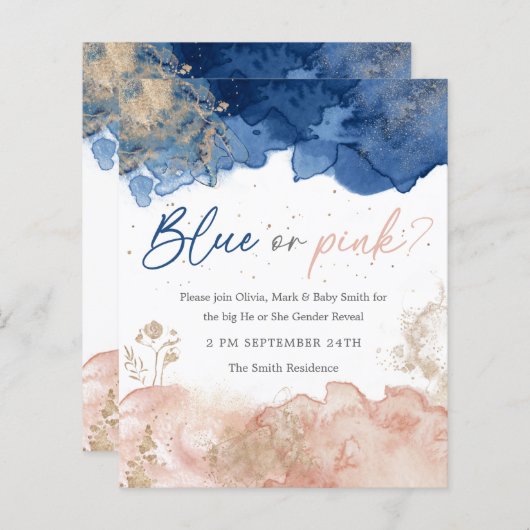 Waterverf Gold Splash Genderonderzoek Uitnodiging (Voorkant / Achterkant)