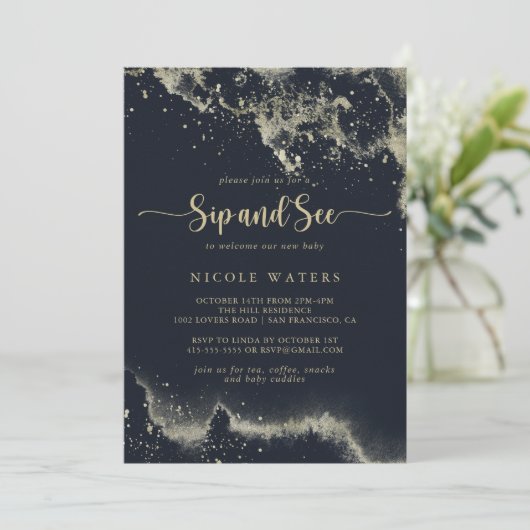 Waterverf Gold Splash Kalligrafie Sip and See Kaart (Staand voorkant)