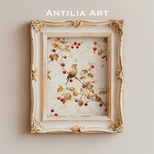 Waterverf Golden Bird op Red Berry Branch Poster