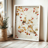 Waterverf Golden Bird op Red Berry Branch Poster
