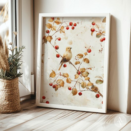 Waterverf Golden Bird op Red Berry Branch Poster