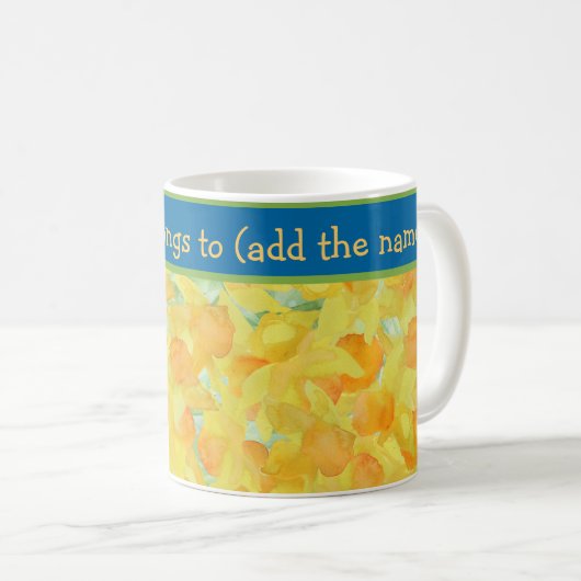 Waterverf Golden Daffodils met blauwe band Koffiemok (Voorkant rechts)