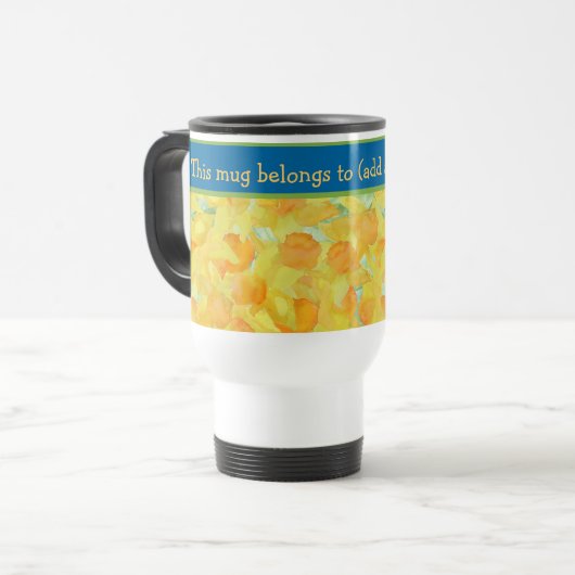  Waterverf Golden Daffodils met blauwe band Reisbeker (Voorkant links)