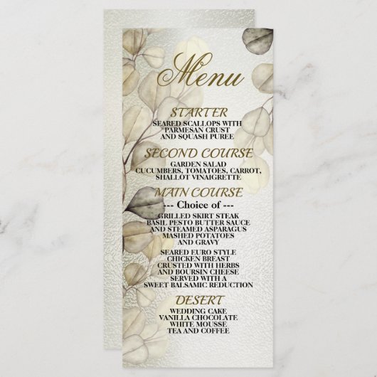 Waterverf Golden Eucalyptus Foliage Shiny Elegant Menu (Voorkant / Achterkant)