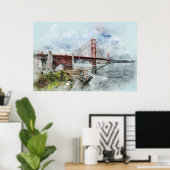 Waterverf Golden Gate Bridge Poster (Thuiskantoor)