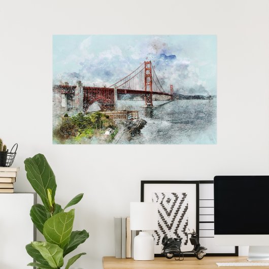 Waterverf Golden Gate Bridge Poster (Thuiskantoor)
