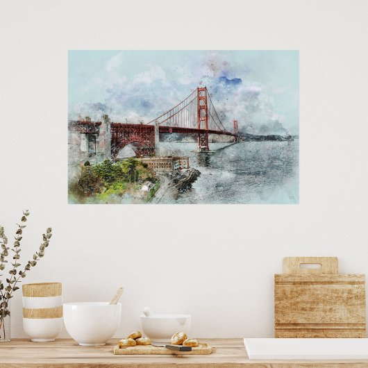 Waterverf Golden Gate Bridge Poster (Keuken)