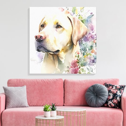 Waterverf Golden Labrador Retriever en Flowers Canvas Afdruk (Insitu (Woonkamer))