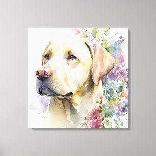 Waterverf Golden Labrador Retriever en Flowers Canvas Afdruk
