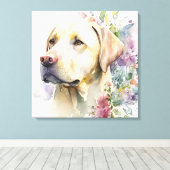 Waterverf Golden Labrador Retriever en Flowers Canvas Afdruk (Insitu (Houten vloer))