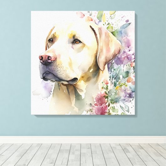 Waterverf Golden Labrador Retriever en Flowers Canvas Afdruk (Insitu (Houten vloer))
