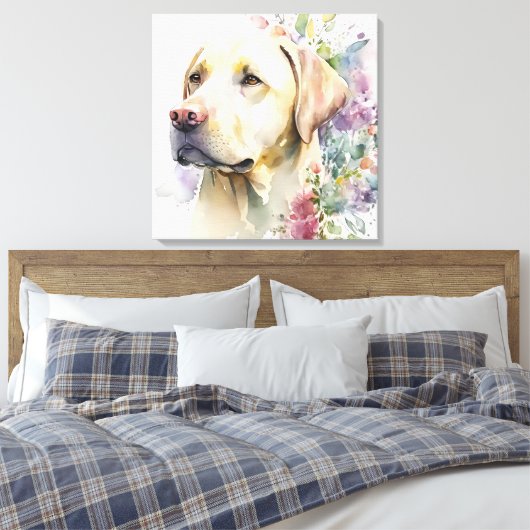 Waterverf Golden Labrador Retriever en Flowers Canvas Afdruk (Insitu (Slaapkamer))