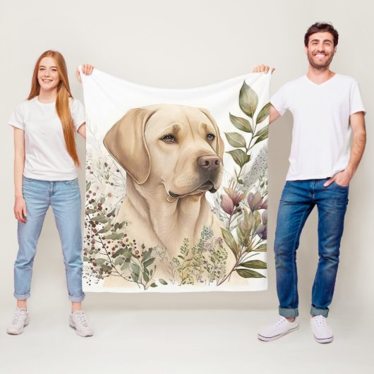 Waterverf Golden Labrador Retriever en Flowers Fleece Deken (In situ)