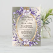 Waterverf Golden Lijst Purple Flowers Wedding Kaart (Staand voorkant)