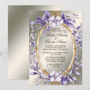 Waterverf Golden Lijst Purple Flowers Wedding Kaart