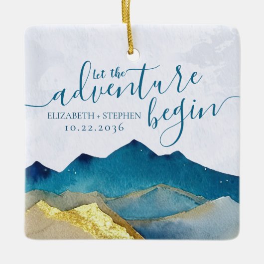 Waterverf Golden Mountains bruiloft bewaart de dat Keramisch Ornament (Voorkant)