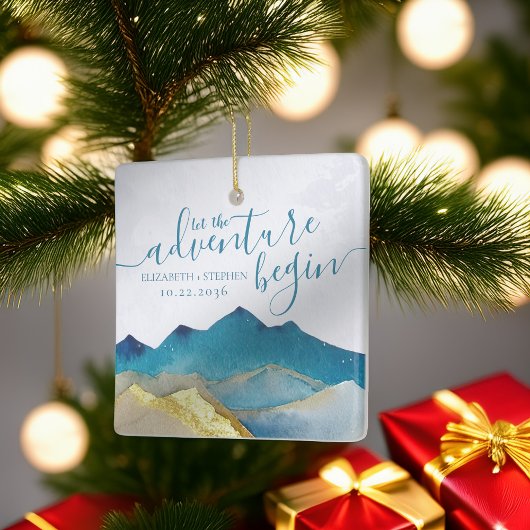 Waterverf Golden Mountains bruiloft bewaart de dat Keramisch Ornament