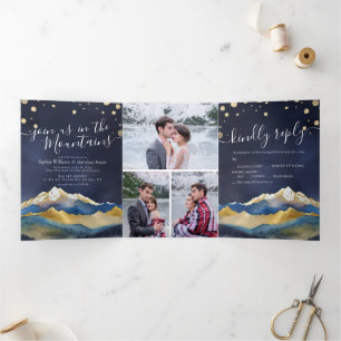 Waterverf Golden Mountains Photo Collage Wedding Drieluik Uitnodiging