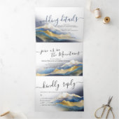 Waterverf Golden Mountains Photo Collage Wedding Drieluik Uitnodiging (Binnen)