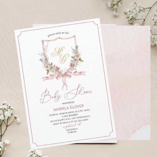 Waterverf Golden Pink Flowers Crests baby Showe Kaart