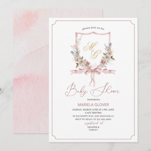 Waterverf Golden Pink Flowers Crests baby Showe Kaart (Voorkant / Achterkant)