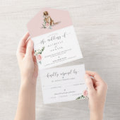 Waterverf Golden Retriever Dog & Floral Pink Rose All In One Uitnodiging (Afscheurbaar)