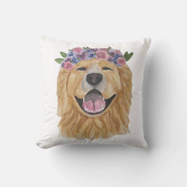 waterverf Golden Retriever Flower Crown Pillow Buitenkussen (Voorkant)