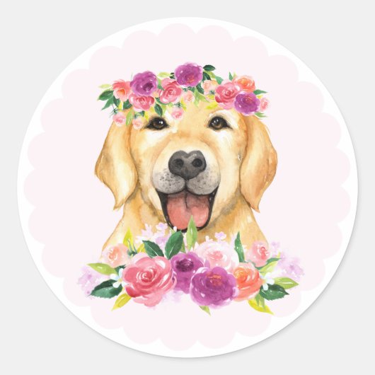 Waterverf Golden Retriever met Floral Crown Ronde Sticker (Voorkant)