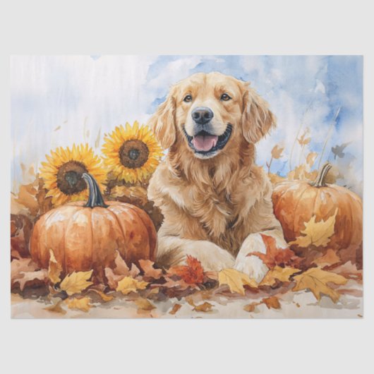 Waterverf Golden Retriever met pompoen Decoupage Tissuepapier (Voorkant)