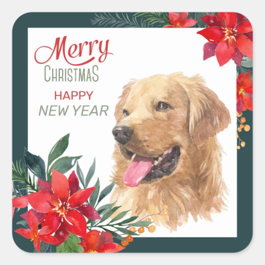 Waterverf Golden Retriever Poinsettia Bouquet Vierkante Sticker (Voorkant)