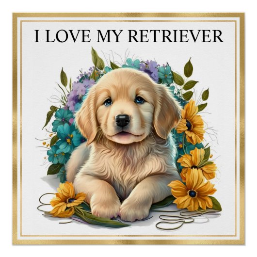 Waterverf Golden Retriever Puppy met Gold Lijst Perfect Poster (Voorkant)