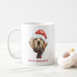 Waterverf Golden Retriever Santa Christmas Koffiemok<br><div class="desc">Fijne feestdagen! Vier de feestdagen met deze schattige mok met hondenthema. Het beschikt over een waterverf golden retriever die een kerstmuts en sjaal draagt. Personaliseer door namen,  datums of berichten toe te voegen. Deze vakantie golden retriever mok zal perfect zijn als een geschenk.</div>