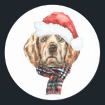 Waterverf Golden Retriever Santa Christmas Ronde Sticker<br><div class="desc">Fijne feestdagen! Voeg een feestelijk accent toe aan uw kaarten, uitnodigingen en enveloppen met deze aanpasbare vakantie sticker. Het beschikt over een waterverf golden retriever die een kerstmuts en sjaal draagt. Personaliseer deze golden retriever vakantie sticker door uw gegevens toe te voegen. Dit hondenKerst sticker is verkrijgbaar op ander karton....</div>