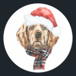Waterverf Golden Retriever Santa Christmas Ronde Sticker<br><div class="desc">Fijne feestdagen! Voeg een feestelijk accent toe aan uw kaarten, uitnodigingen en enveloppen met deze aanpasbare vakantie sticker. Het beschikt over een waterverf golden retriever die een kerstmuts en sjaal draagt. Personaliseer deze golden retriever vakantie sticker door uw gegevens toe te voegen. Dit hondenKerst sticker is verkrijgbaar op ander karton....</div>