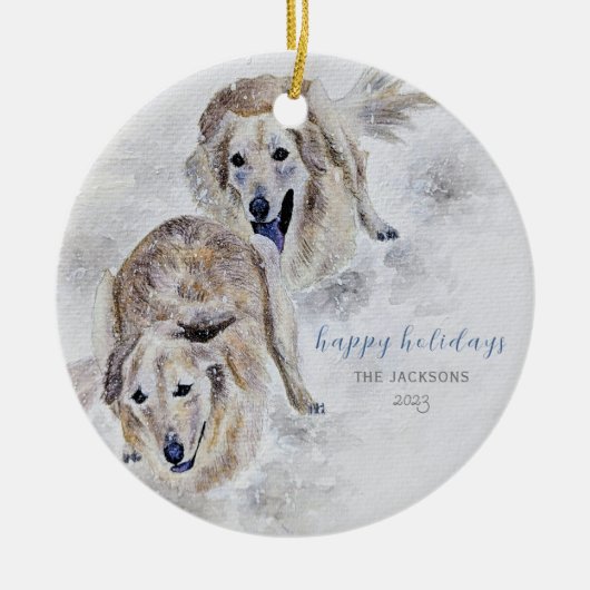 Waterverf Golden Retriever Sneeuwvakantie Keramisch Ornament (Voorkant)