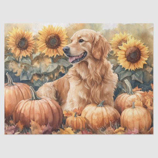 Waterverf Golden Retriever Zonnebloemen Decoupage Tissuepapier (Voorkant)