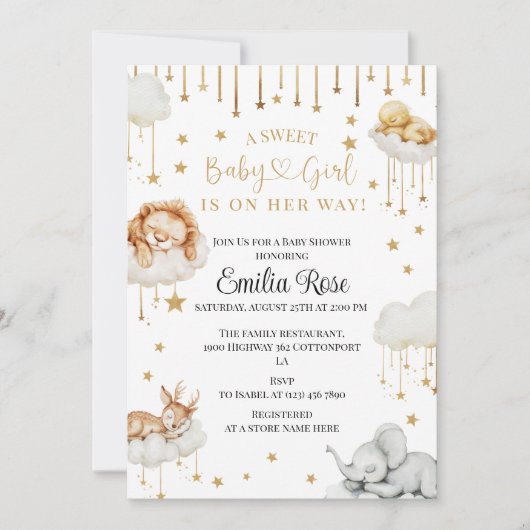 Waterverf Golden Stars & Baby Animals Baby Girl Kaart (Voorkant)